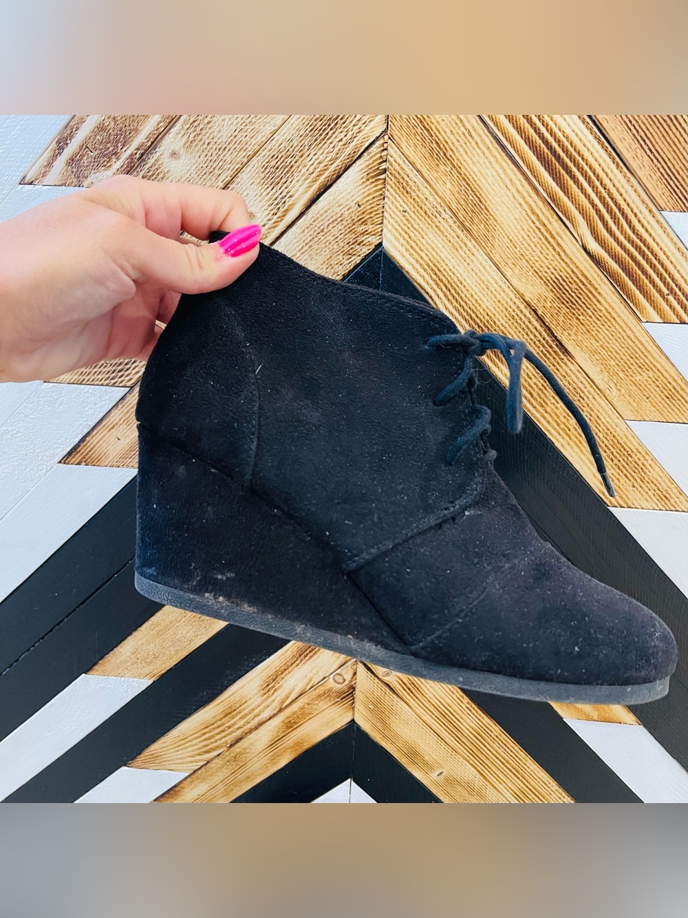 Cityclassified Black Suede Lace-Up Wedge Ankle Booties